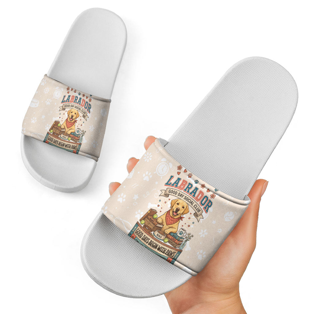 Labrador Good Days Start With A Lab Slide Sandals Retro Cute Yellow Lab Paws And Tennis Balls