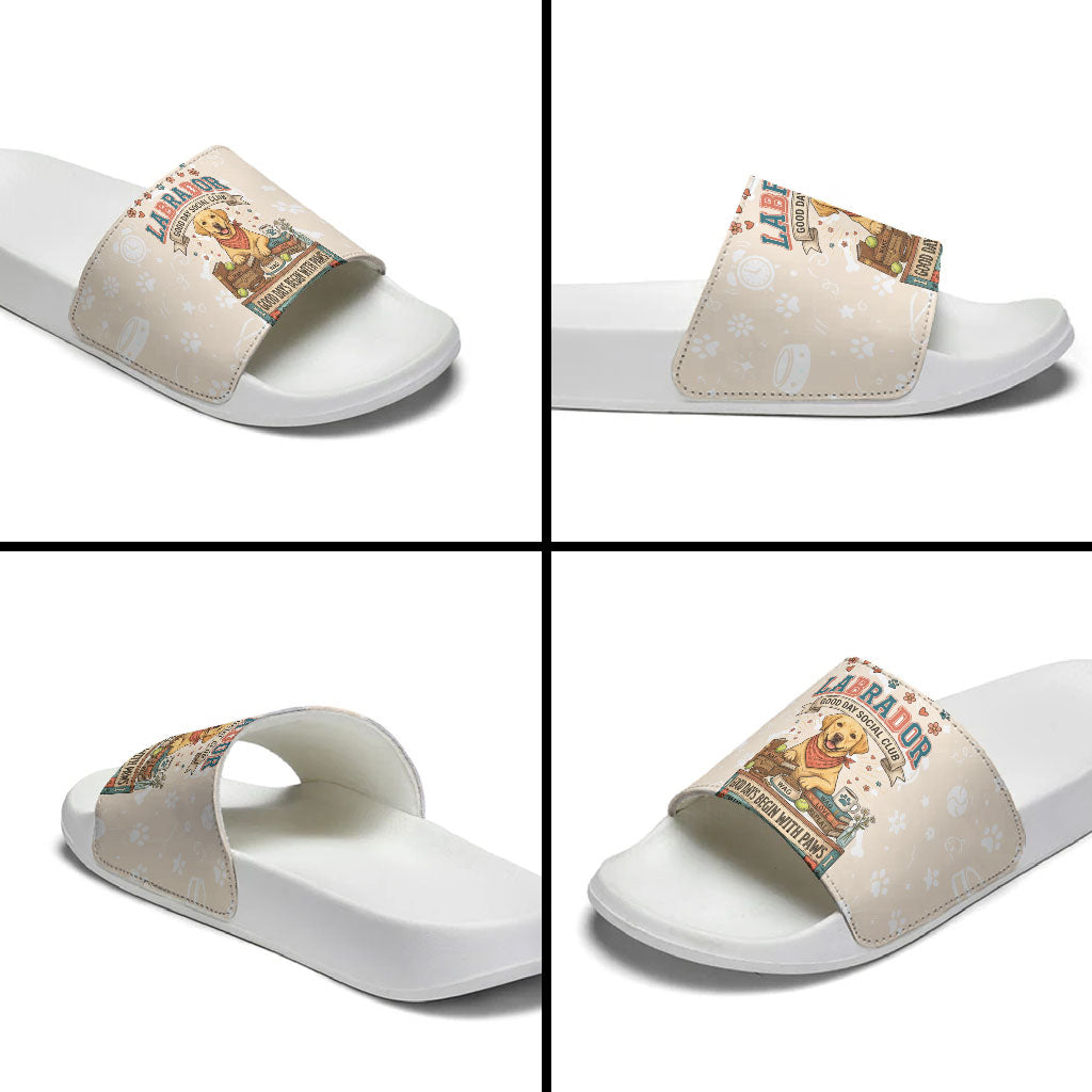 Labrador Good Days Start With A Lab Slide Sandals Retro Cute Yellow Lab Paws And Tennis Balls