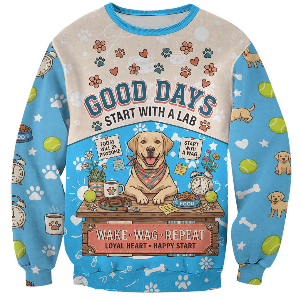 Labrador Good Days Start With A Lab Sweatshirt Retro Cute Yellow Lab Paws And Tennis Balls
