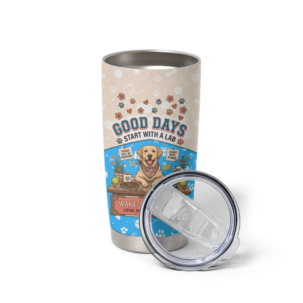 Labrador Good Days Start With A Lab Tumbler Cup Retro Cute Yellow Lab Paws And Tennis Balls