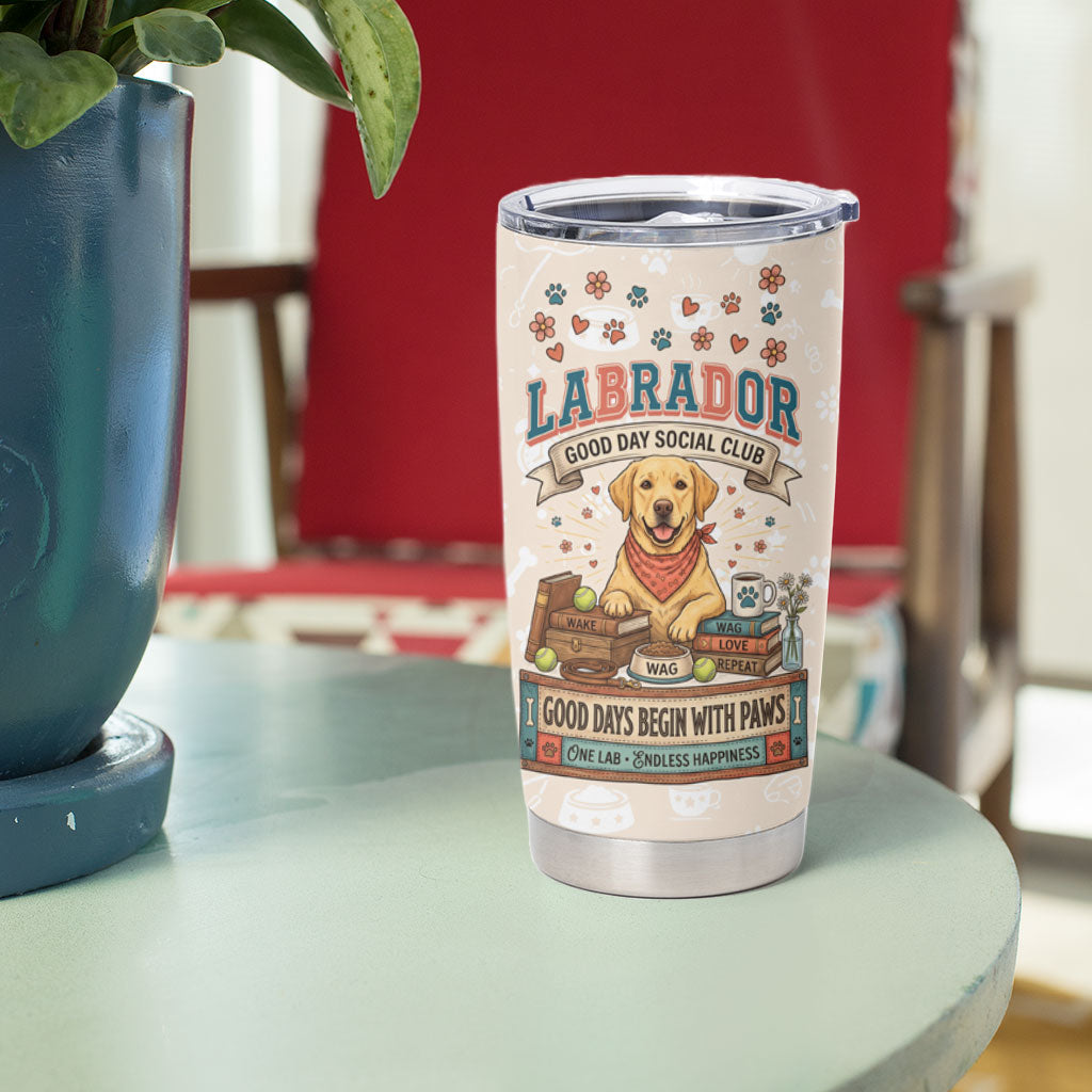 Labrador Good Days Start With A Lab Tumbler Cup Retro Cute Yellow Lab Paws And Tennis Balls