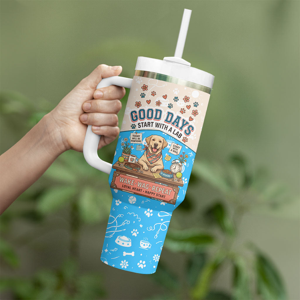 Labrador Good Days Start With A Lab Tumbler With Handle Retro Cute Yellow Lab Paws And Tennis Balls
