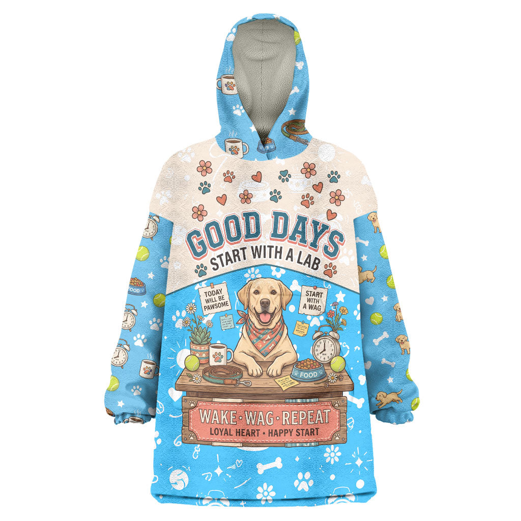 Labrador Good Days Start With A Lab Wearable Blanket Hoodie Retro Cute Yellow Lab Paws And Tennis Balls