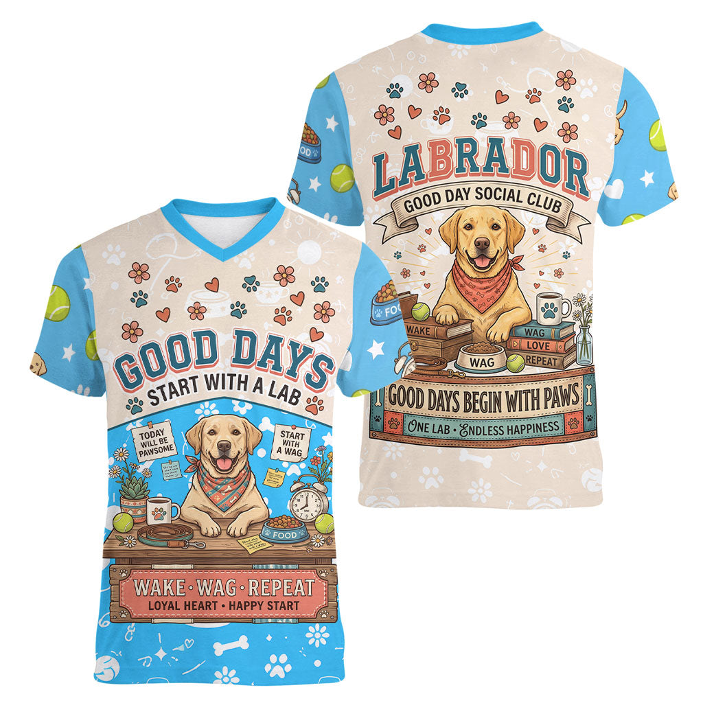 Labrador Good Days Start With A Lab Women V-Neck T-Shirt Retro Cute Yellow Lab Paws And Tennis Balls