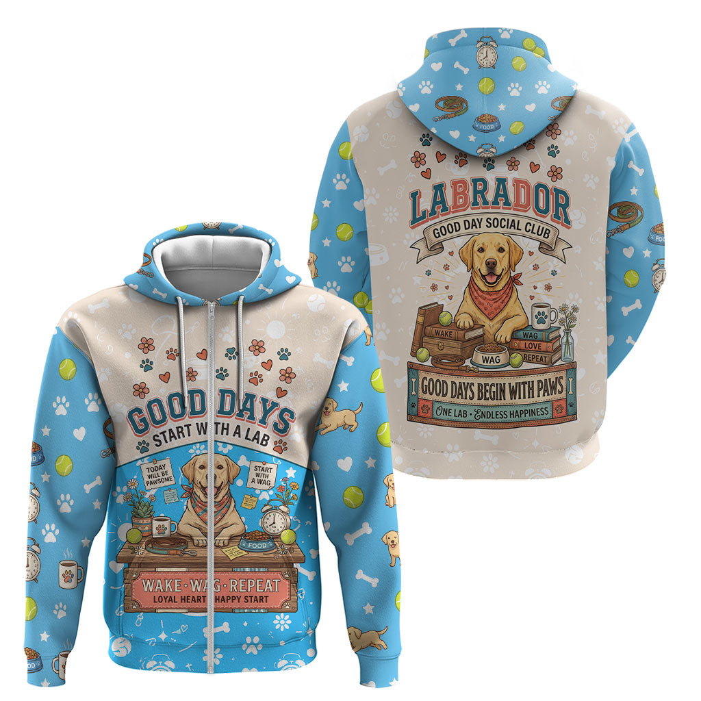 Labrador Good Days Start With A Lab Zip Hoodie Retro Cute Yellow Lab Paws And Tennis Balls