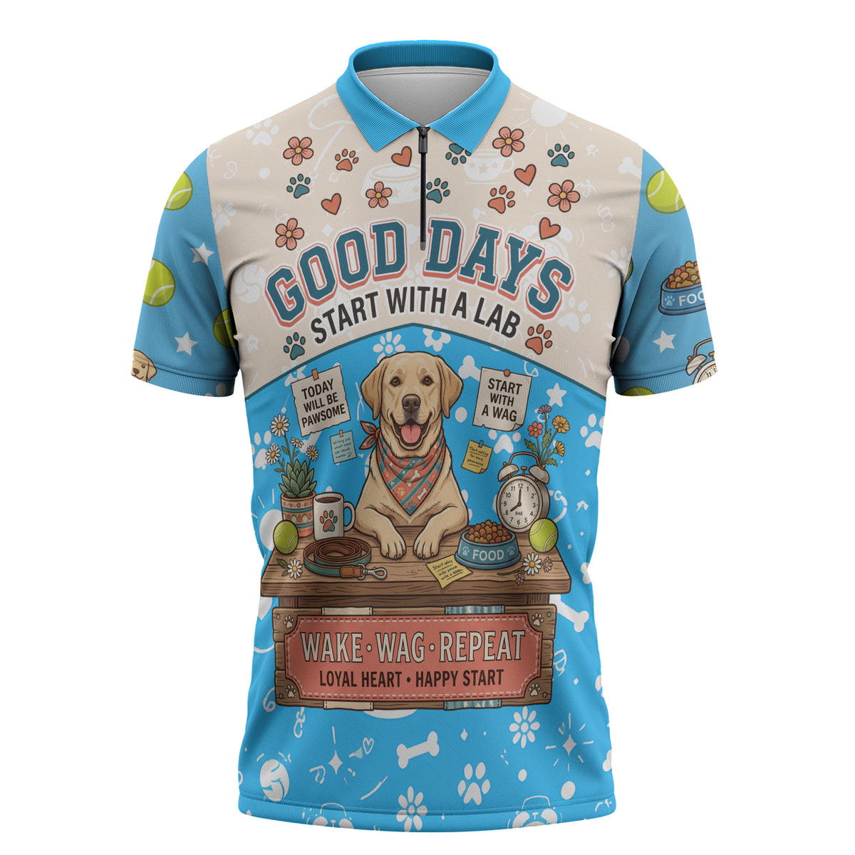 Labrador Good Days Start With A Lab Zipper Polo Shirt Retro Cute Yellow Lab Paws And Tennis Balls