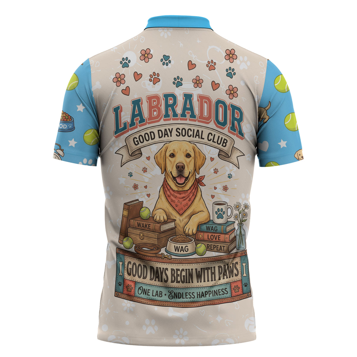 Labrador Good Days Start With A Lab Zipper Polo Shirt Retro Cute Yellow Lab Paws And Tennis Balls