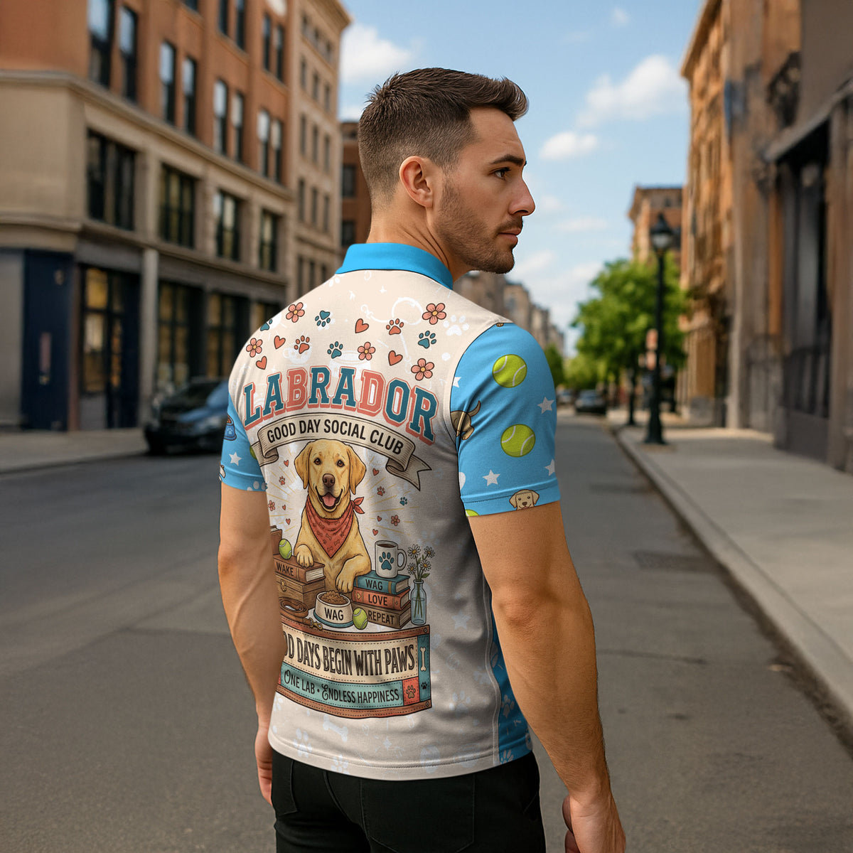 Labrador Good Days Start With A Lab Zipper Polo Shirt Retro Cute Yellow Lab Paws And Tennis Balls