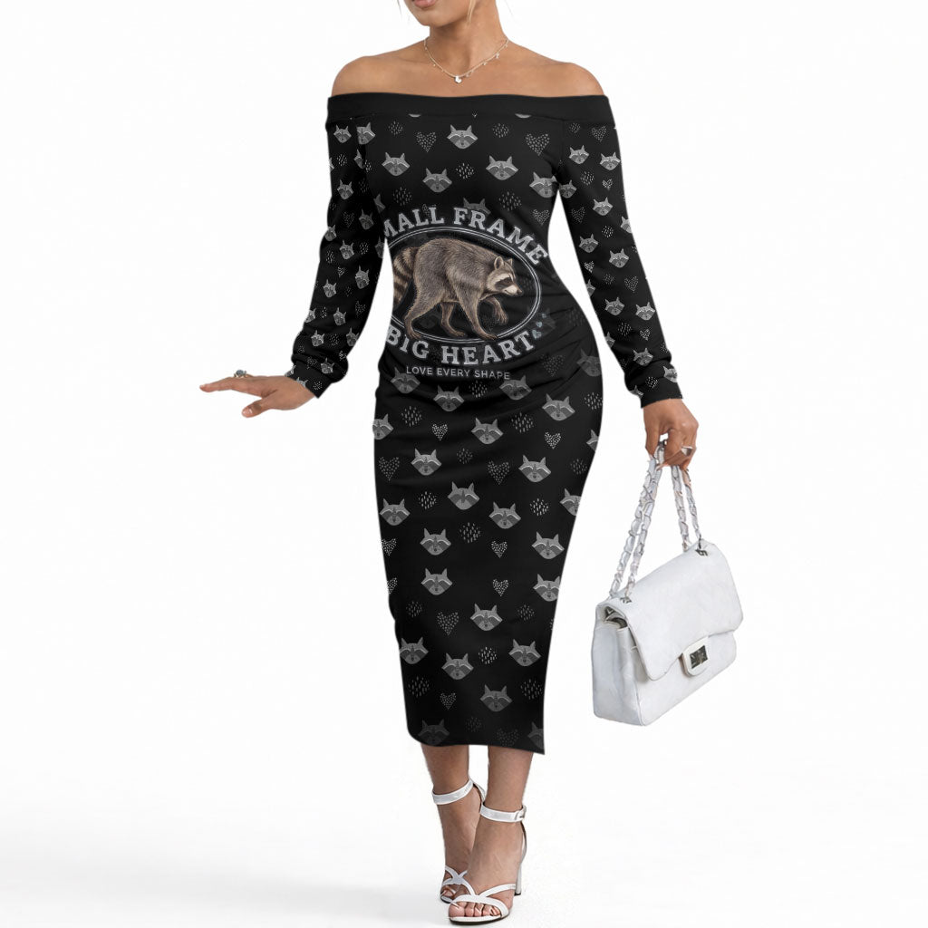 Jimothy The Raccoon Off The Shoulder Long Sleeve Dress Vintage Raccoon Small Frame Big Heart