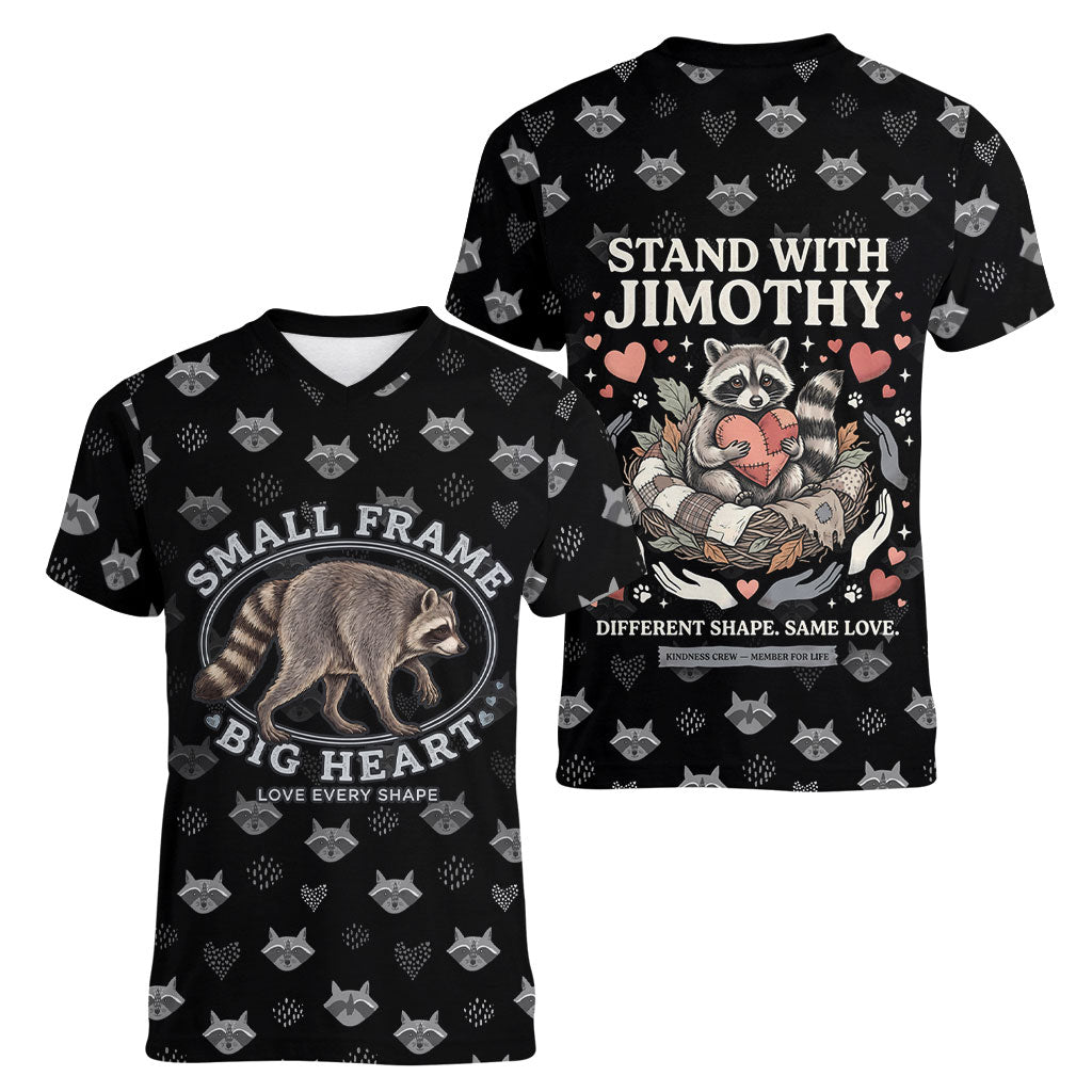 Jimothy The Raccoon Women V-Neck T-Shirt Vintage Raccoon Small Frame Big Heart
