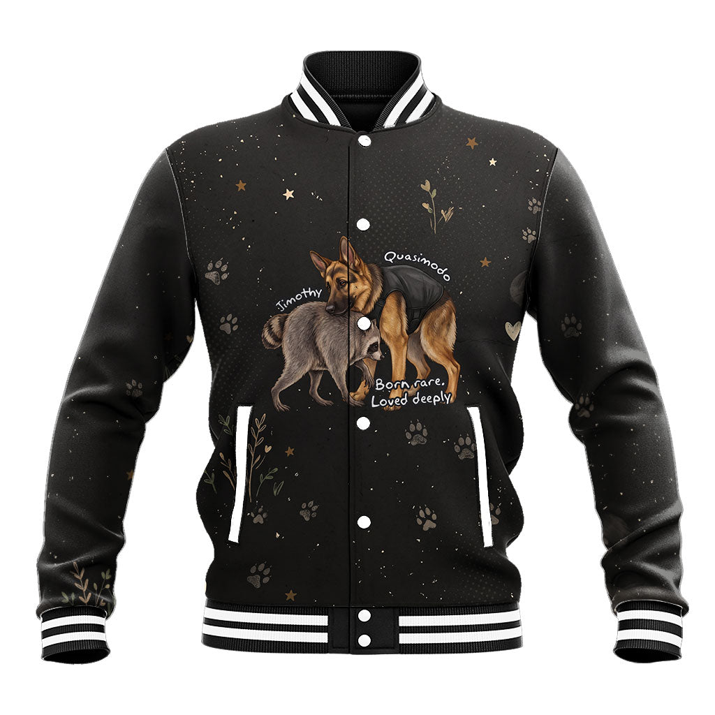 Jimothy And Quasimodo Baseball Jacket Vintage German Shepherd And Raccoon - Born Rare Loved Deeply