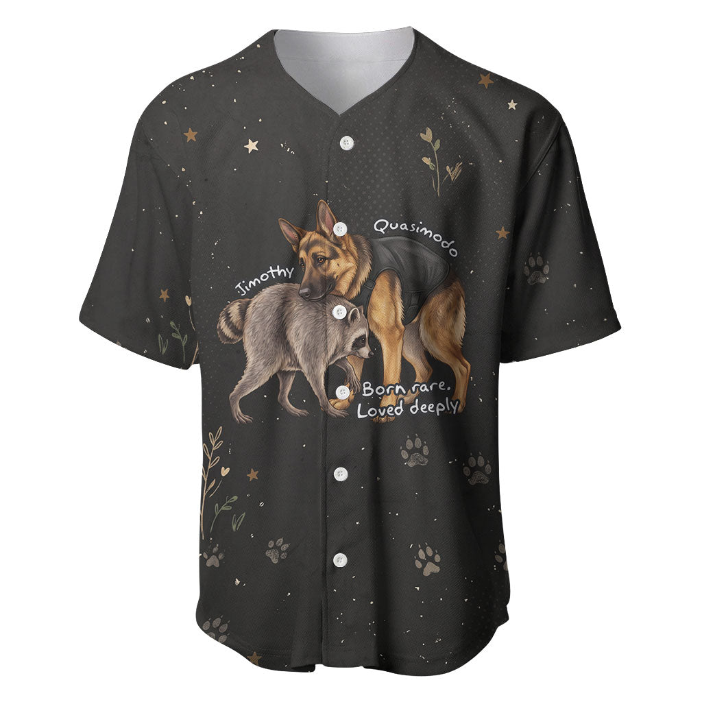 Jimothy And Quasimodo Baseball Jersey Vintage German Shepherd And Raccoon - Born Rare Loved Deeply