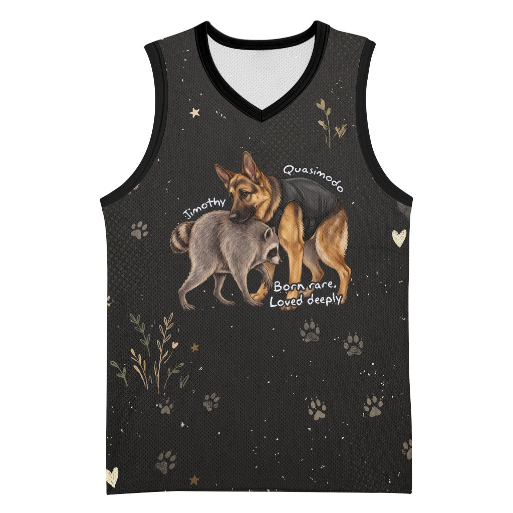 Jimothy And Quasimodo Basketball Jersey Vintage German Shepherd And Raccoon - Born Rare Loved Deeply