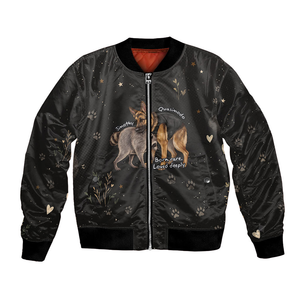 Jimothy And Quasimodo Bomber Jacket Vintage German Shepherd And Raccoon - Born Rare Loved Deeply