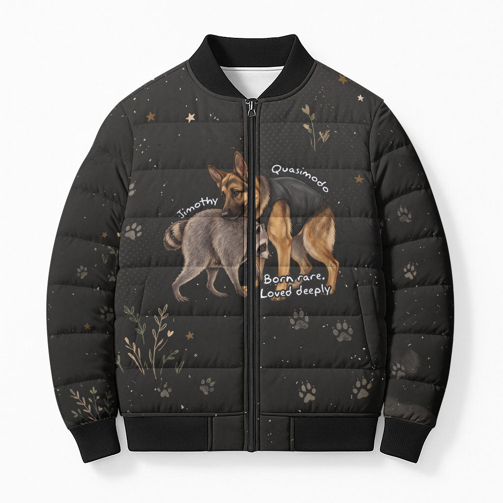Jimothy And Quasimodo Bomber Puffer Jacket Vintage German Shepherd And Raccoon - Born Rare Loved Deeply