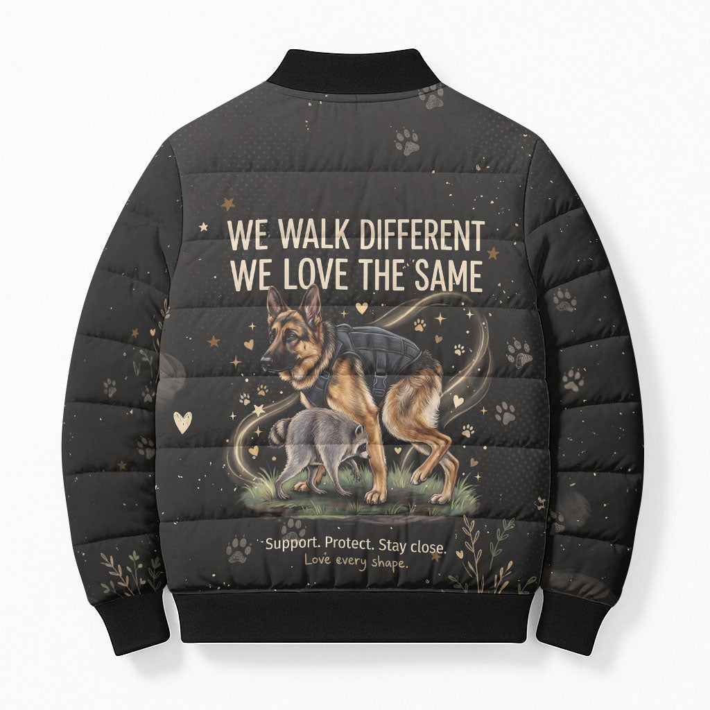 Jimothy And Quasimodo Bomber Puffer Jacket Vintage German Shepherd And Raccoon - Born Rare Loved Deeply