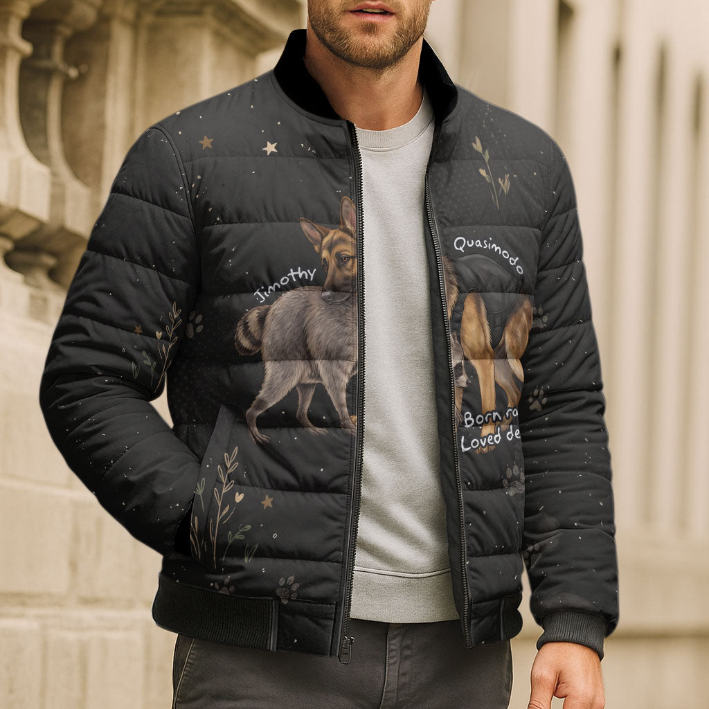 Jimothy And Quasimodo Bomber Puffer Jacket Vintage German Shepherd And Raccoon - Born Rare Loved Deeply