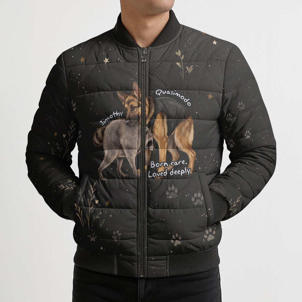 Jimothy And Quasimodo Bomber Puffer Jacket Vintage German Shepherd And Raccoon - Born Rare Loved Deeply