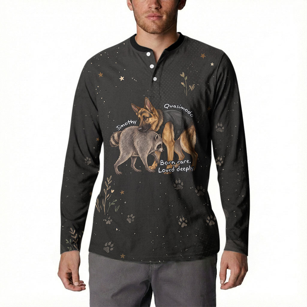 Jimothy And Quasimodo Button Sweatshirt Vintage German Shepherd And Raccoon - Born Rare Loved Deeply
