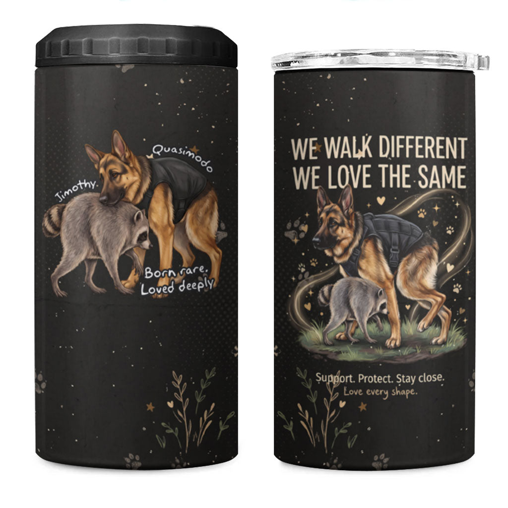 Jimothy And Quasimodo 4 in 1 Can Cooler Tumbler Vintage German Shepherd And Raccoon - Born Rare Loved Deeply