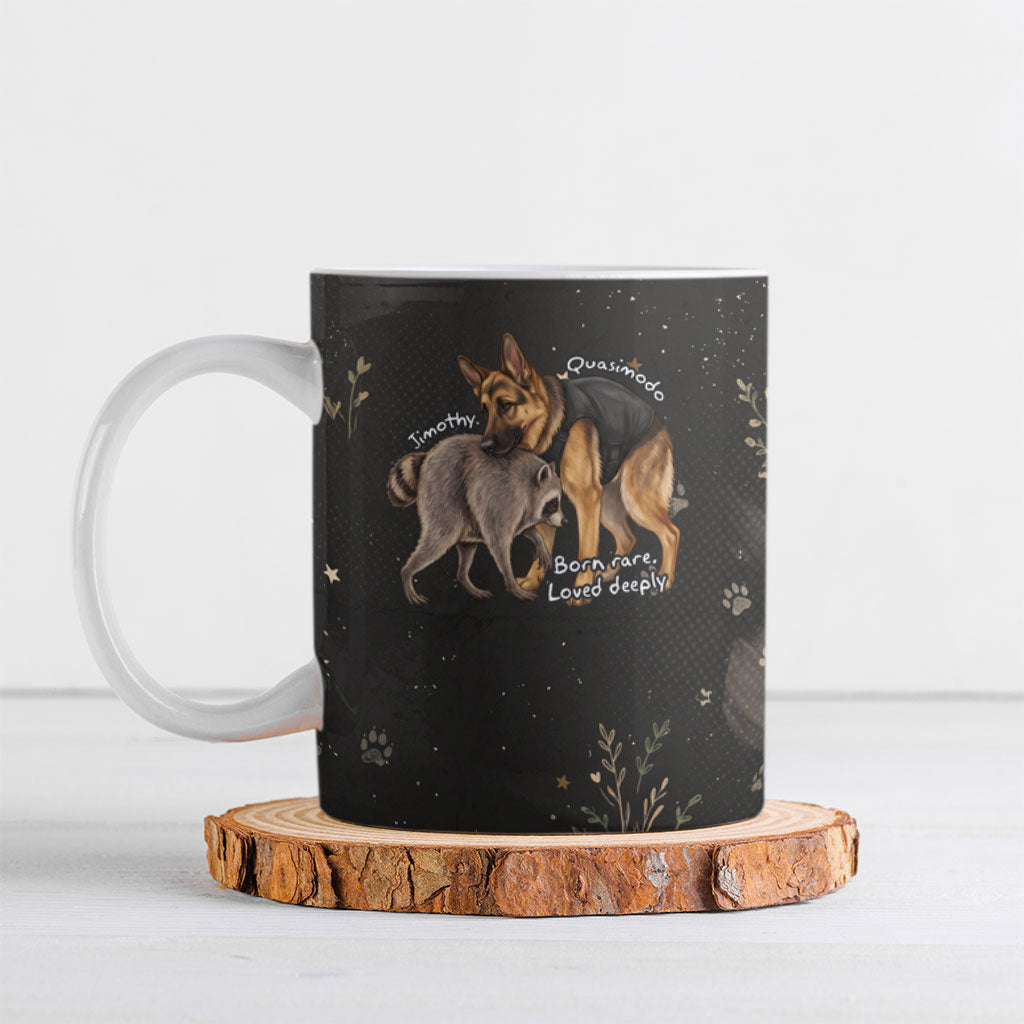 Jimothy And Quasimodo Ceramic Mug Vintage German Shepherd And Raccoon - Born Rare Loved Deeply