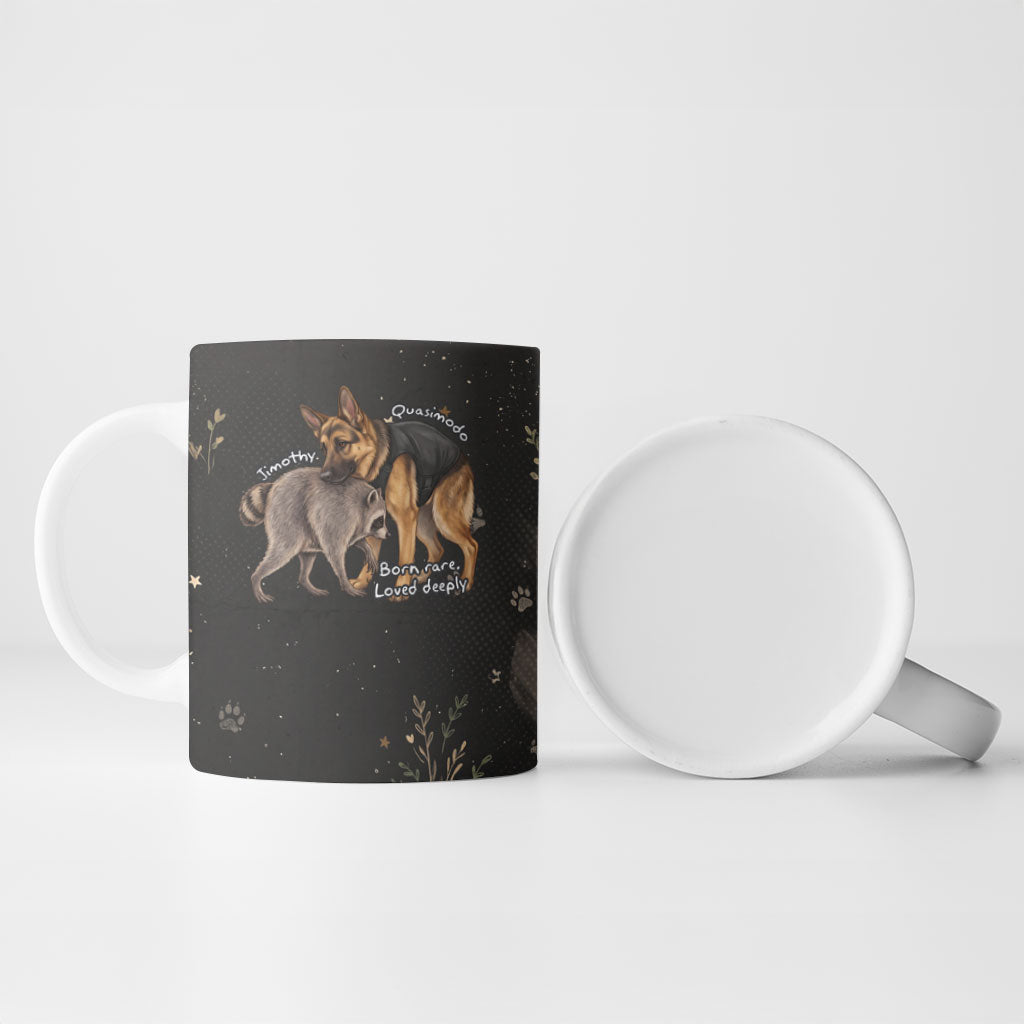 Jimothy And Quasimodo Ceramic Mug Vintage German Shepherd And Raccoon - Born Rare Loved Deeply