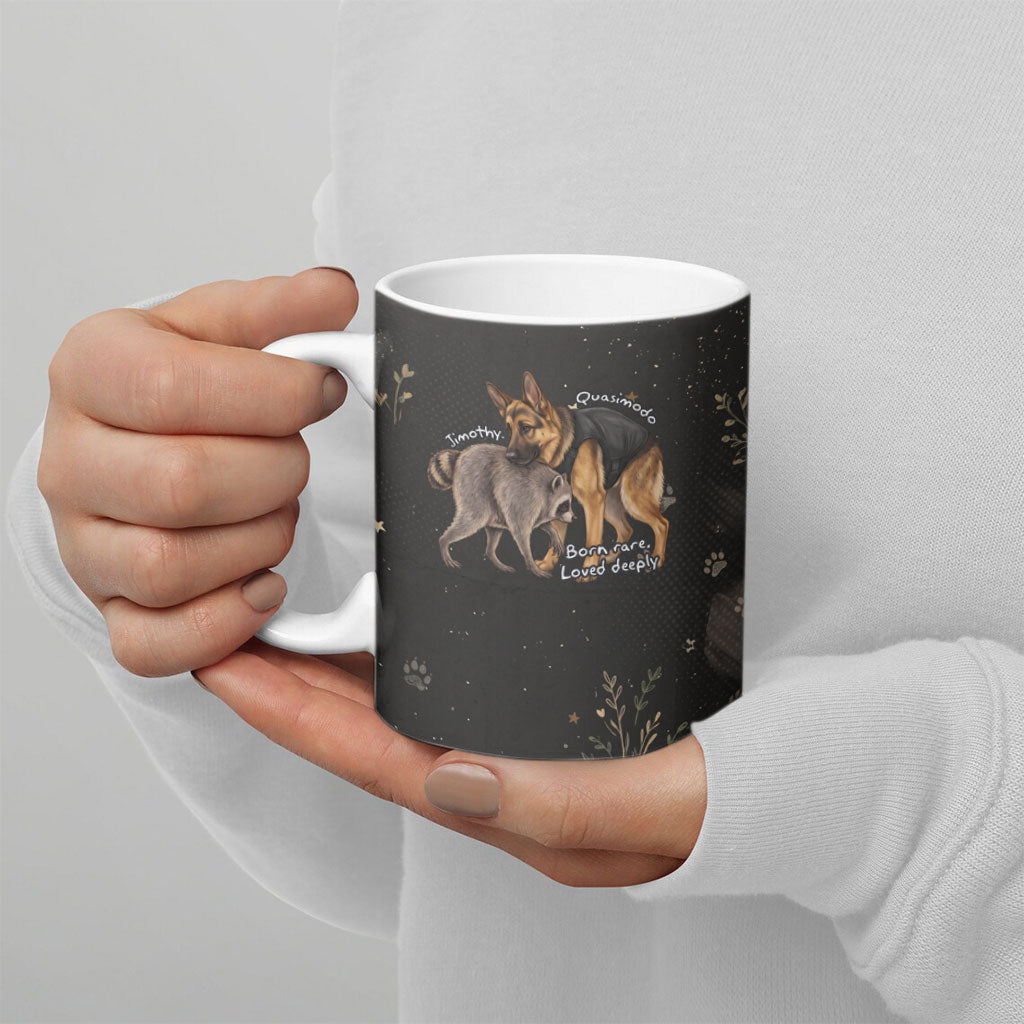Jimothy And Quasimodo Ceramic Mug Vintage German Shepherd And Raccoon - Born Rare Loved Deeply