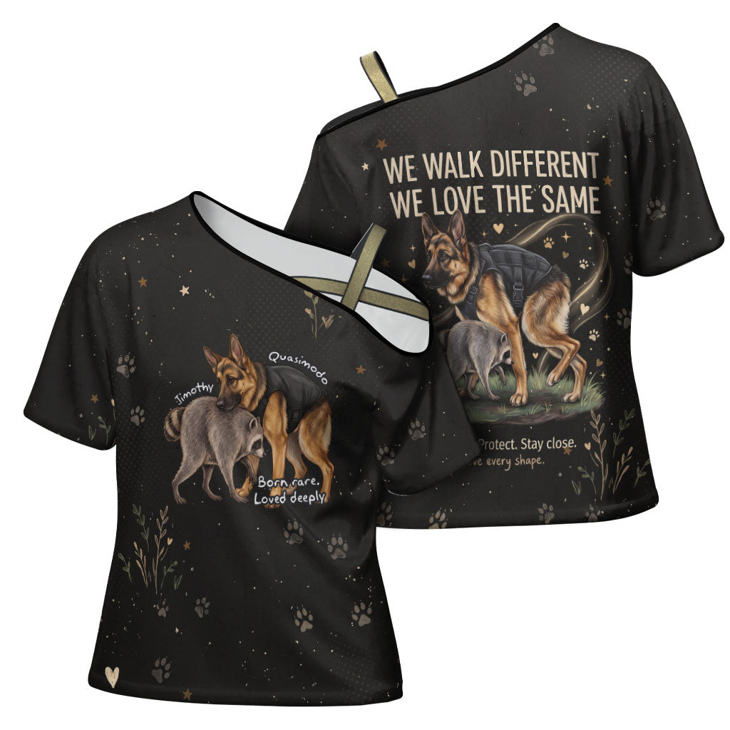 Jimothy And Quasimodo Cross Shoulder Shirt Vintage German Shepherd And Raccoon - Born Rare Loved Deeply