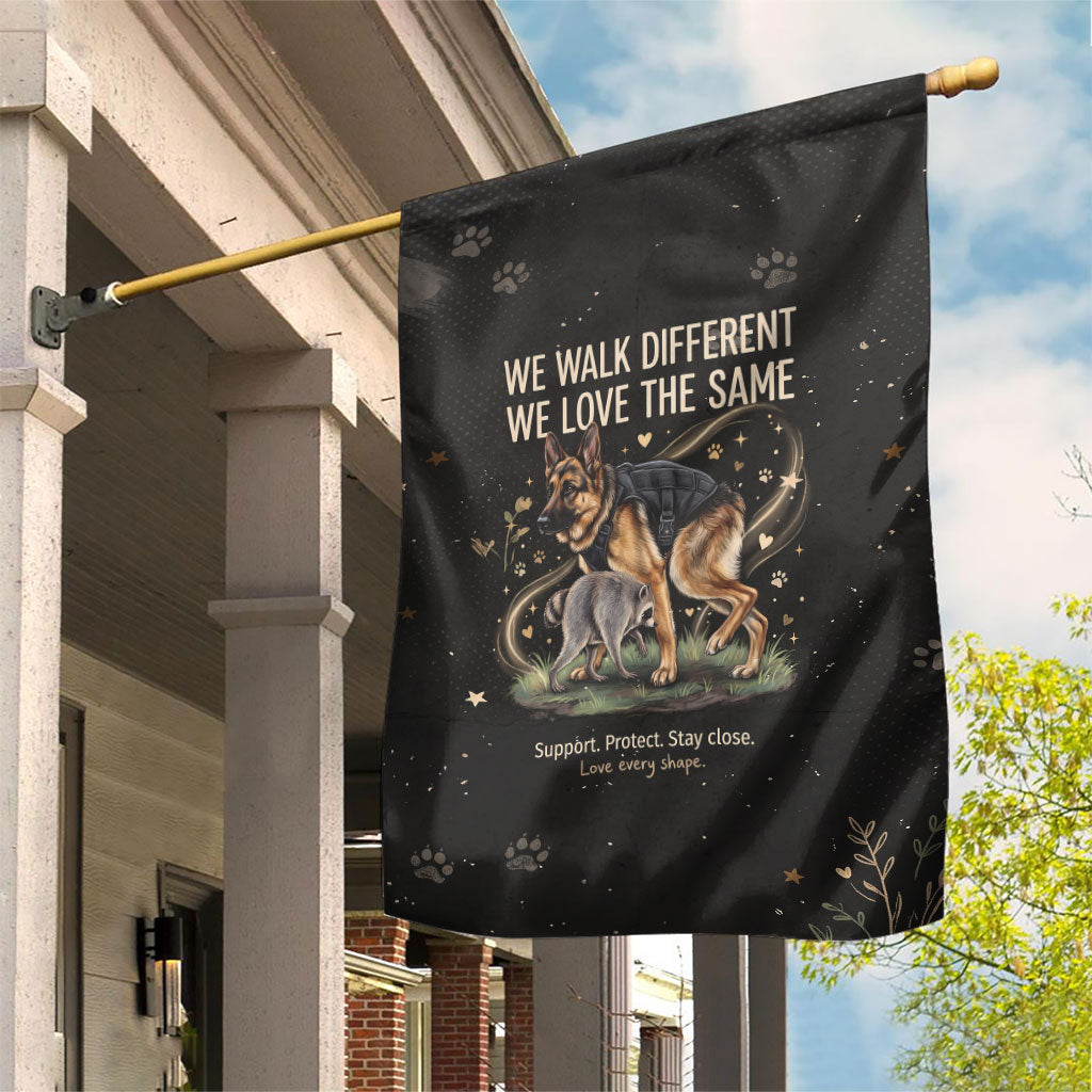 Jimothy And Quasimodo Garden Flag Vintage German Shepherd And Raccoon - Born Rare Loved Deeply