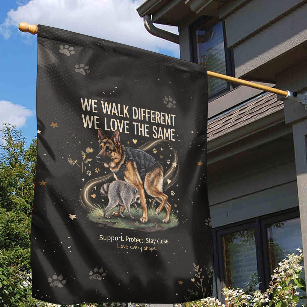 Jimothy And Quasimodo Garden Flag Vintage German Shepherd And Raccoon - Born Rare Loved Deeply