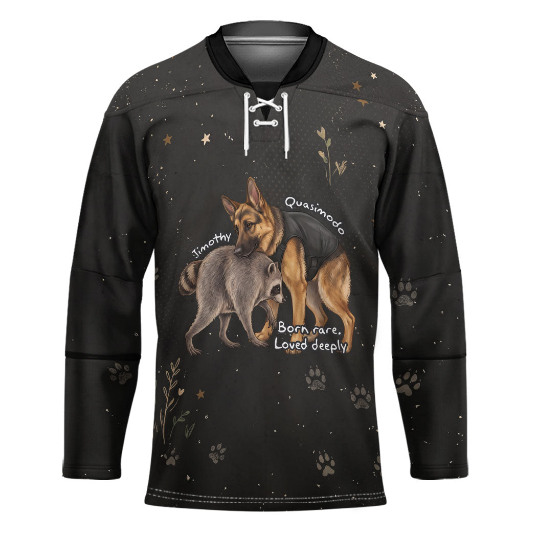 Jimothy And Quasimodo Hockey Jersey Vintage German Shepherd And Raccoon - Born Rare Loved Deeply