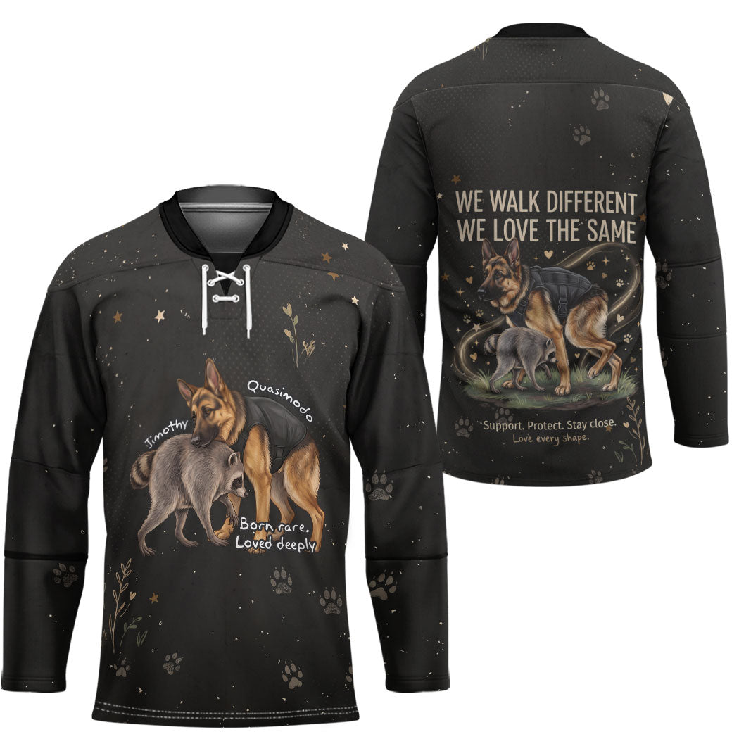 Jimothy And Quasimodo Hockey Jersey Vintage German Shepherd And Raccoon - Born Rare Loved Deeply