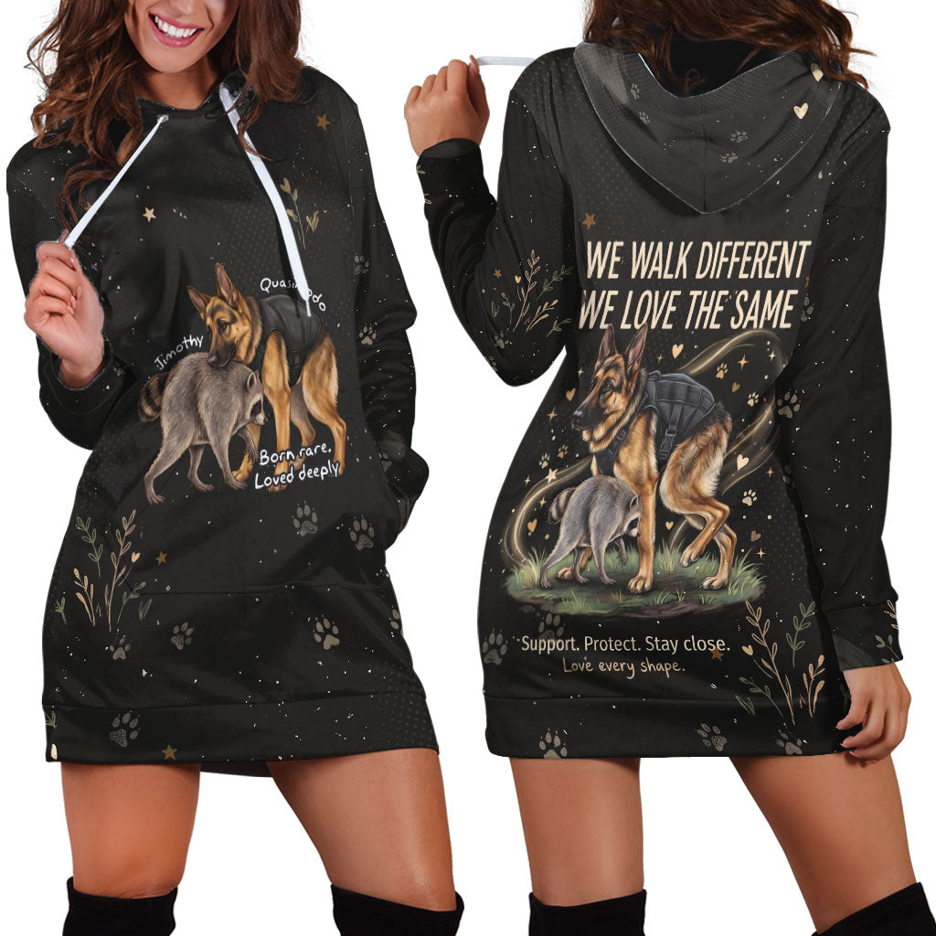 Jimothy And Quasimodo Hoodie Dress Vintage German Shepherd And Raccoon - Born Rare Loved Deeply