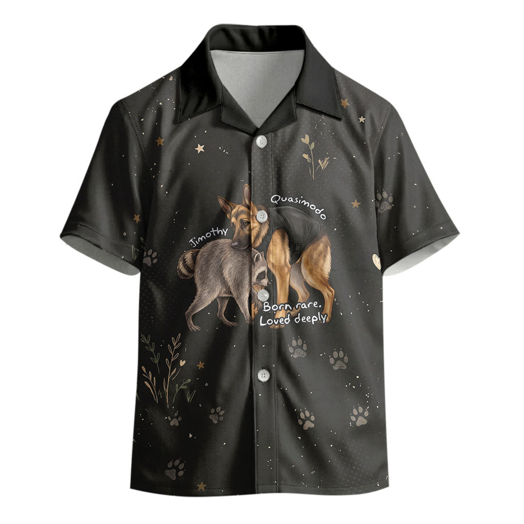 Jimothy And Quasimodo Kid Hawaiian Shirt Vintage German Shepherd And Raccoon - Born Rare Loved Deeply