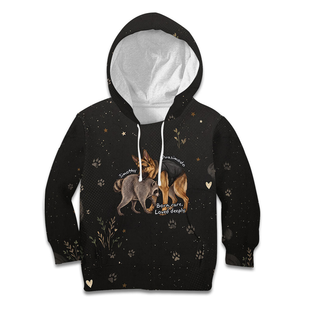 Jimothy And Quasimodo Kid Hoodie Vintage German Shepherd And Raccoon - Born Rare Loved Deeply