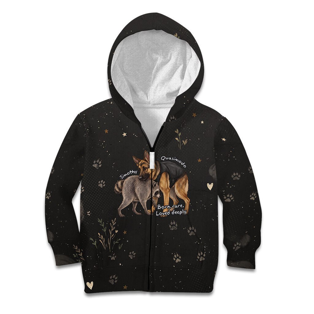 Jimothy And Quasimodo Kid Hoodie Vintage German Shepherd And Raccoon - Born Rare Loved Deeply