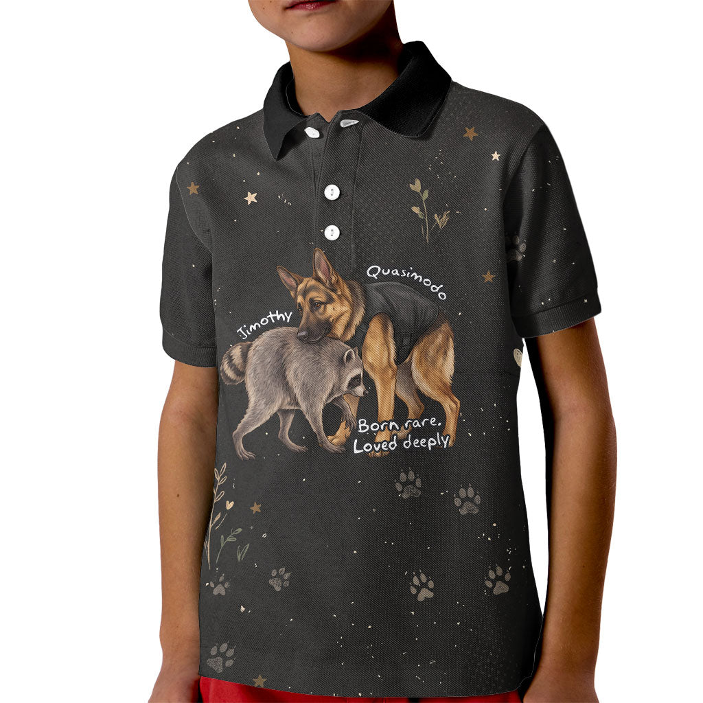 Jimothy And Quasimodo Kid Polo Shirt Vintage German Shepherd And Raccoon - Born Rare Loved Deeply