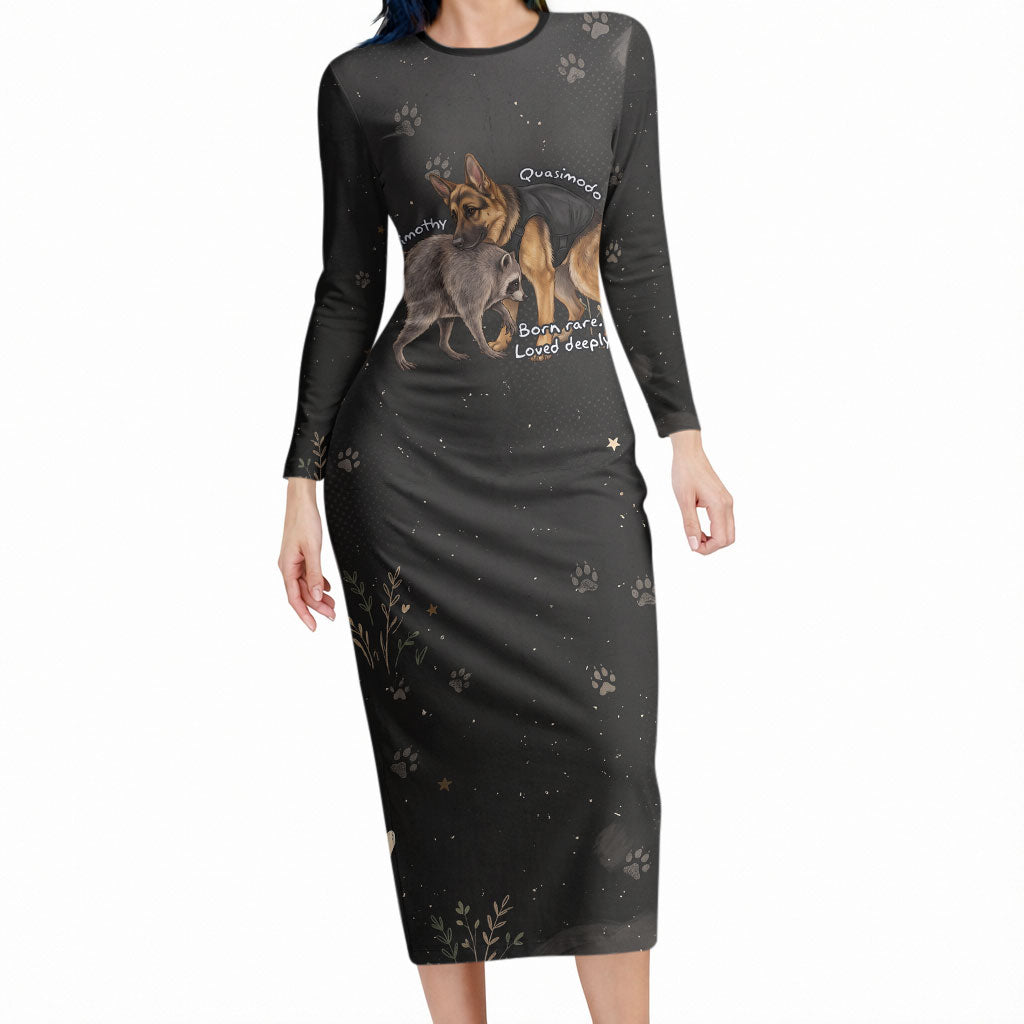 Jimothy And Quasimodo Long Sleeve Bodycon Dress Vintage German Shepherd And Raccoon - Born Rare Loved Deeply