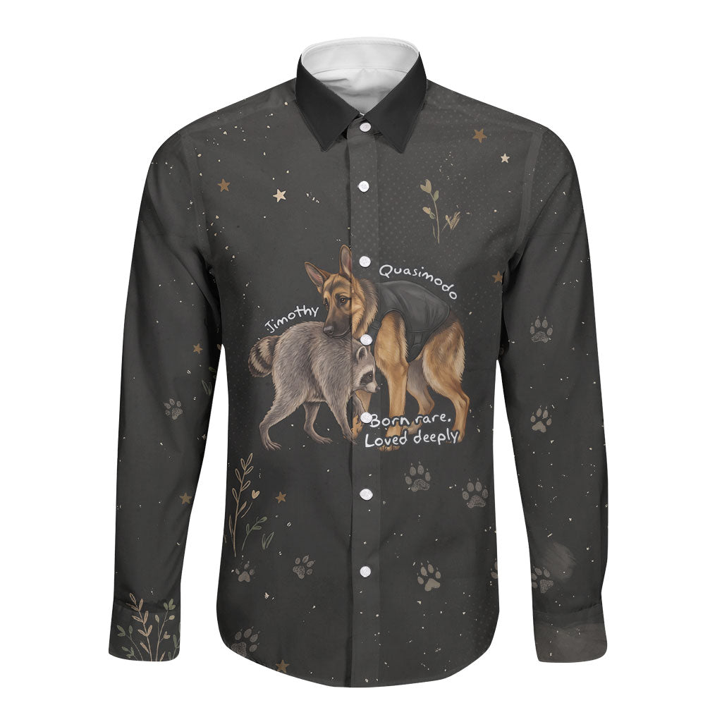 Jimothy And Quasimodo Long Sleeve Button Shirt Vintage German Shepherd And Raccoon - Born Rare Loved Deeply