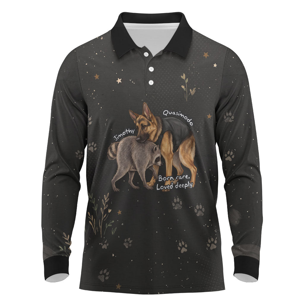 Jimothy And Quasimodo Long Sleeve Polo Shirt Vintage German Shepherd And Raccoon - Born Rare Loved Deeply