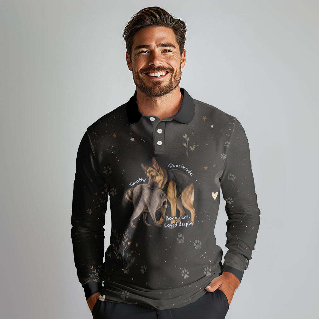 Jimothy And Quasimodo Long Sleeve Polo Shirt Vintage German Shepherd And Raccoon - Born Rare Loved Deeply