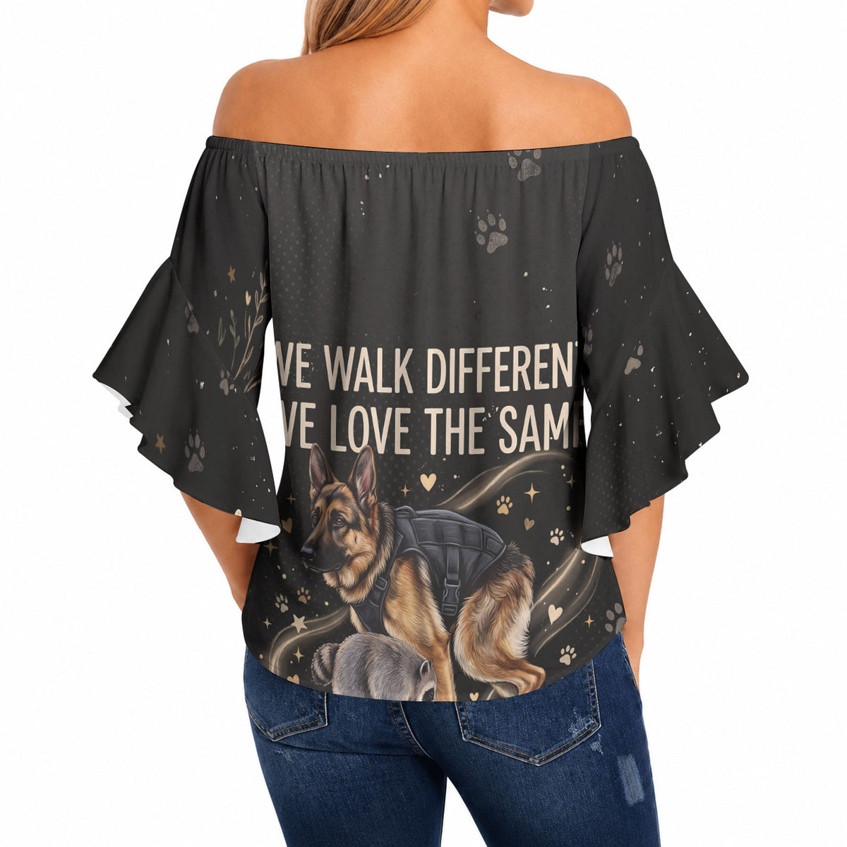 Jimothy And Quasimodo Off Shoulder Wrap Waist Top Vintage German Shepherd And Raccoon - Born Rare Loved Deeply