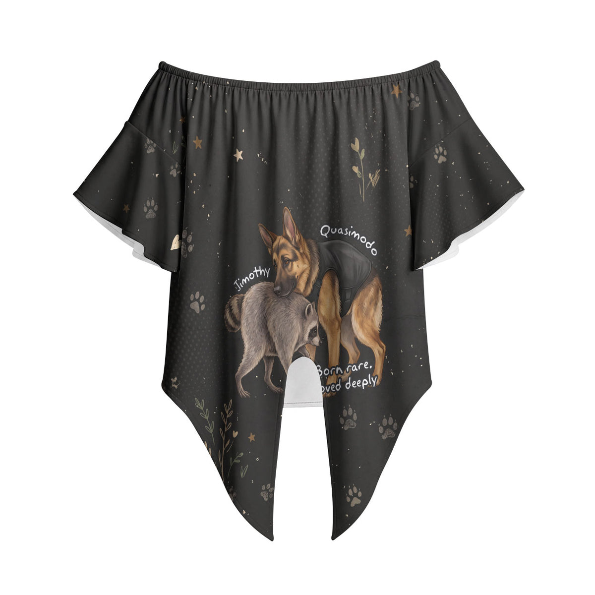Jimothy And Quasimodo Off Shoulder Wrap Waist Top Vintage German Shepherd And Raccoon - Born Rare Loved Deeply
