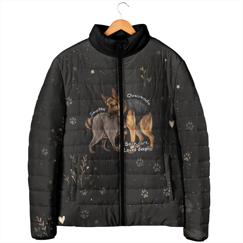 Jimothy And Quasimodo Padded Jacket Vintage German Shepherd And Raccoon - Born Rare Loved Deeply
