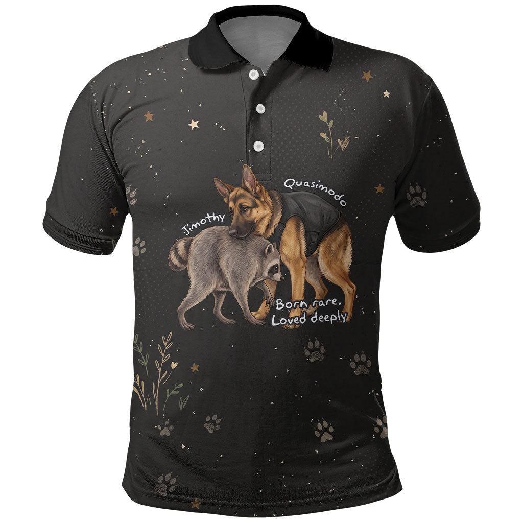 Jimothy And Quasimodo Polo Shirt Vintage German Shepherd And Raccoon - Born Rare Loved Deeply