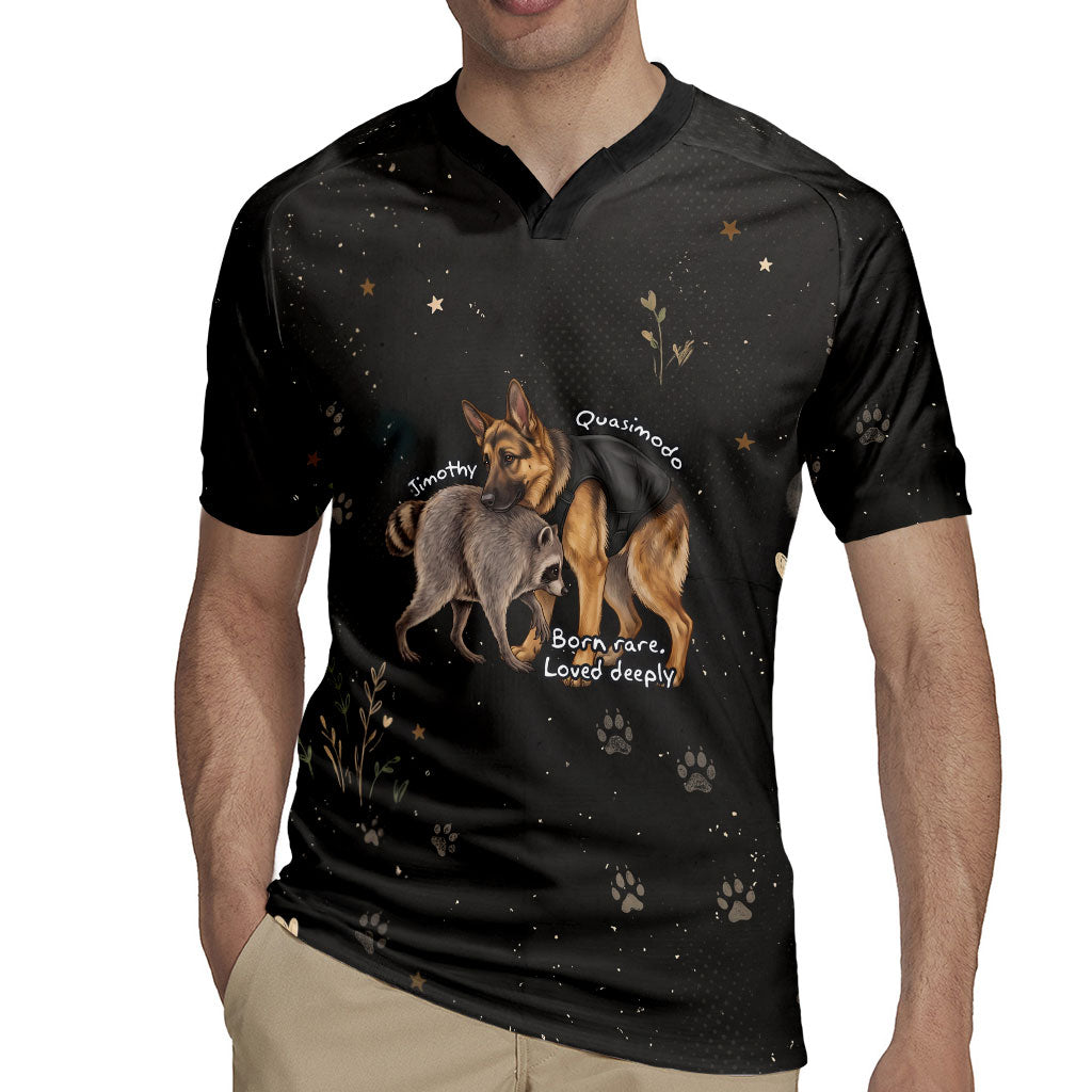Jimothy And Quasimodo Rugby Jersey Vintage German Shepherd And Raccoon - Born Rare Loved Deeply