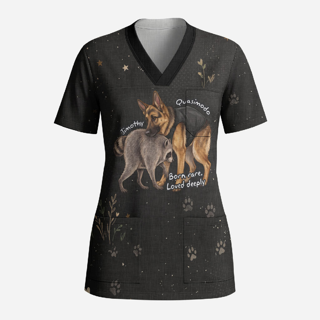 Jimothy And Quasimodo Scrub Top Vintage German Shepherd And Raccoon - Born Rare Loved Deeply