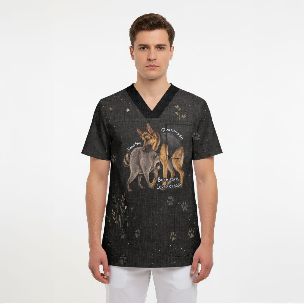 Jimothy And Quasimodo Scrub Top Vintage German Shepherd And Raccoon - Born Rare Loved Deeply
