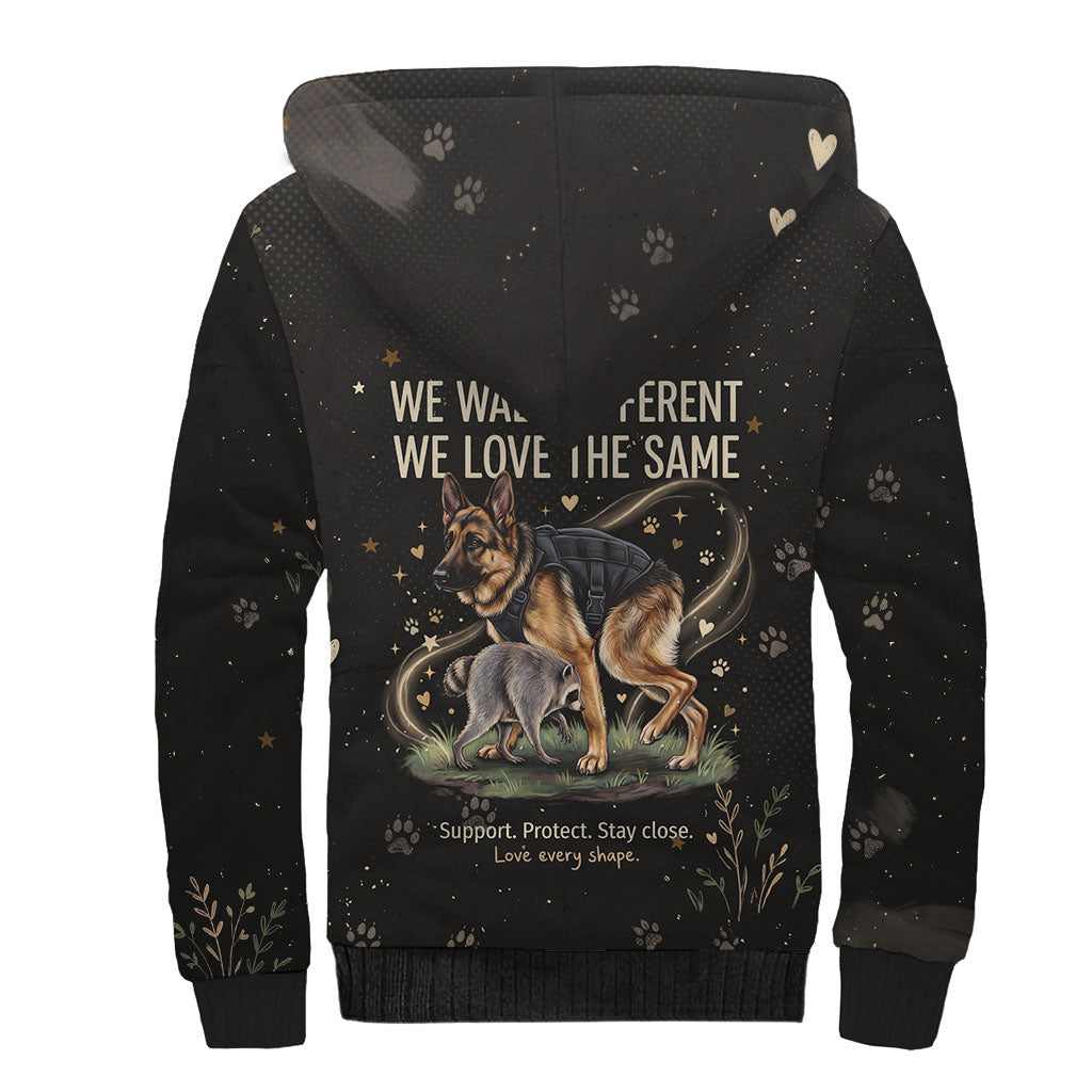 Jimothy And Quasimodo Sherpa Hoodie Vintage German Shepherd And Raccoon - Born Rare Loved Deeply