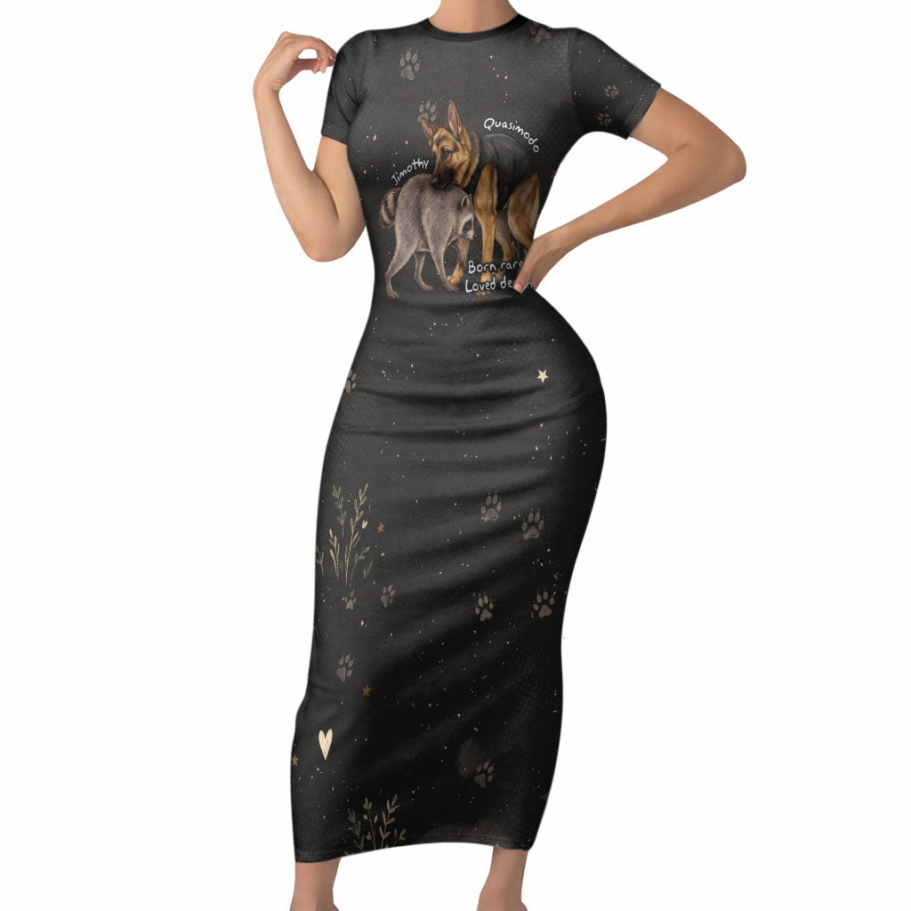 Jimothy And Quasimodo Short Sleeve Bodycon Dress Vintage German Shepherd And Raccoon - Born Rare Loved Deeply